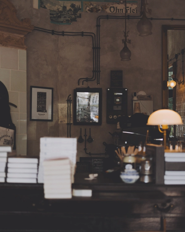 Counter with stacks of books